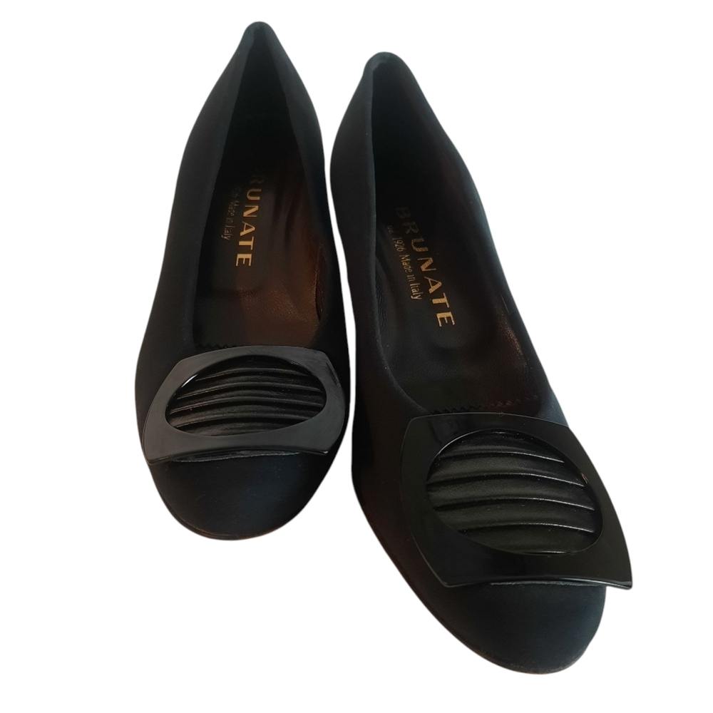 BRUNATE Black Textile Block Heel Pumps w/Buckle Detail Sz 36.5 Made In Italy